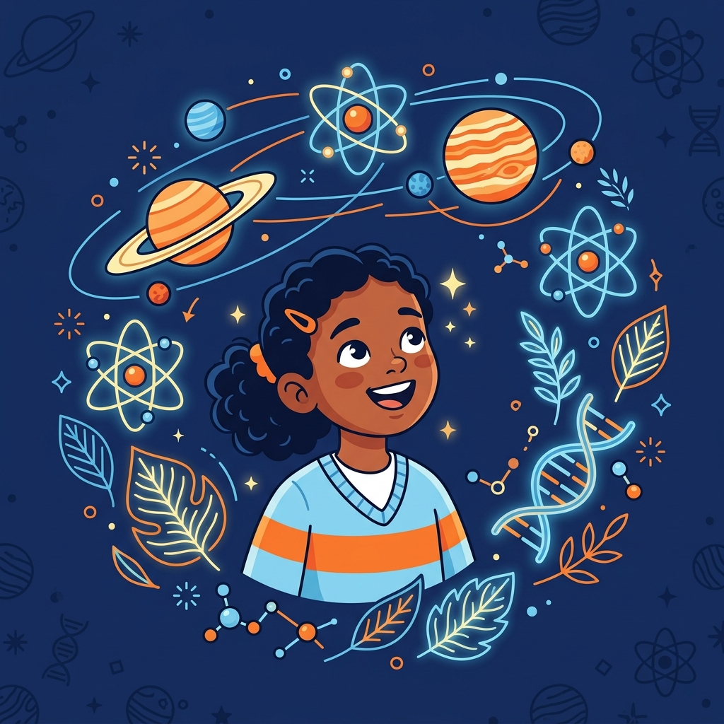 Student learning science with planets, atoms, and molecular models